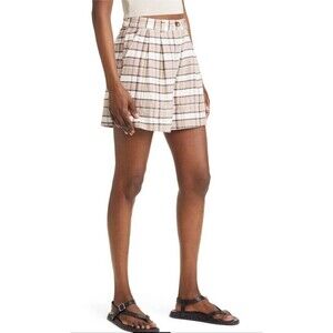 Treasure & Bond Beige Plaid Chanterelle Cotton Viscose Shorts Wide Leg Women